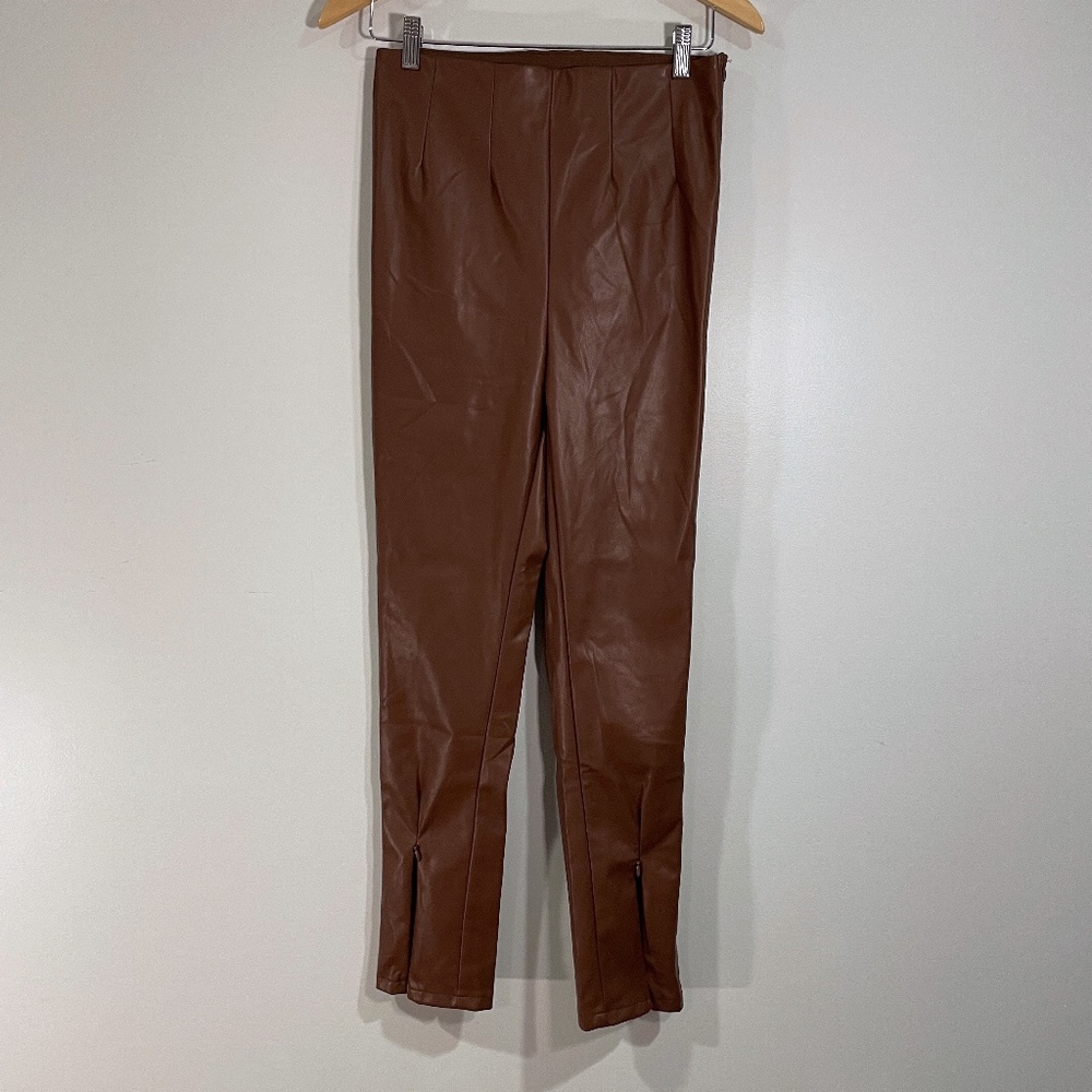 Bohme Tara Faux Leather Pants Brown High Rise Zipper Accent Ankle Womens M